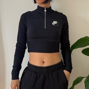 Nike Air Ribbed Long Sleeve Black Quarter Zip Up Mockneck NSW Crop Top Size XS